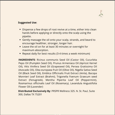 Instructions for using Lumora Root Revive Hair Growth Oil with a list of natural botanical ingredients including castor oil, rosemary oil, peppermint oil, and pumpkin seed oil.