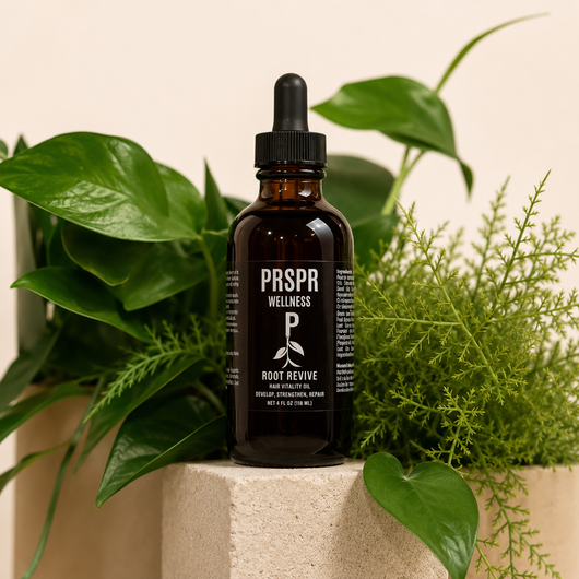 Root Revive Hair Vitality Oil bottle displayed among lush green botanical plants, highlighting a natural hair care solution for nourishing the scalp, strengthening hair, and supporting healthier looking hair growth.